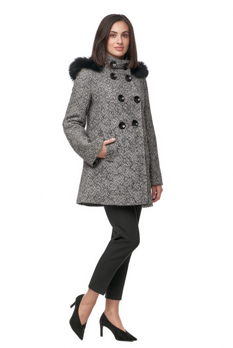 Женское пальто из текстиля с капюшоном, отделка песец 8012828